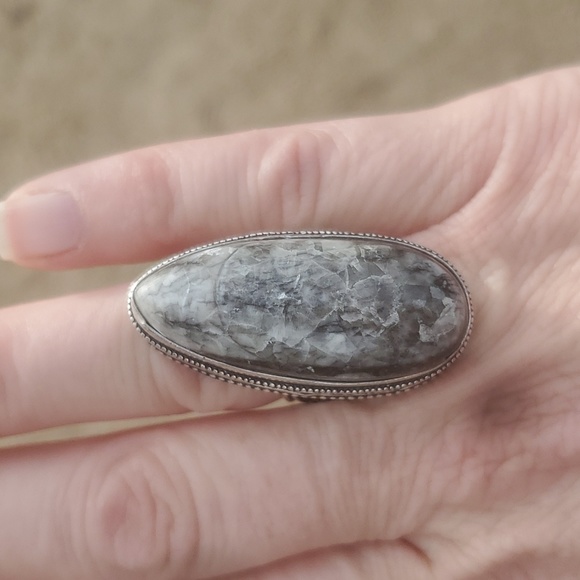 New Oversized Orthoceras Fossil Antique Design 925 Silver Statement Ring. - Picture 7 of 14